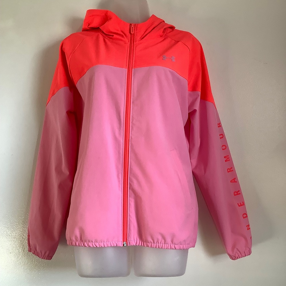 Under Armour Womens Pink Orange Full Zip Hooded Windbreaker Jacket Medium Loose